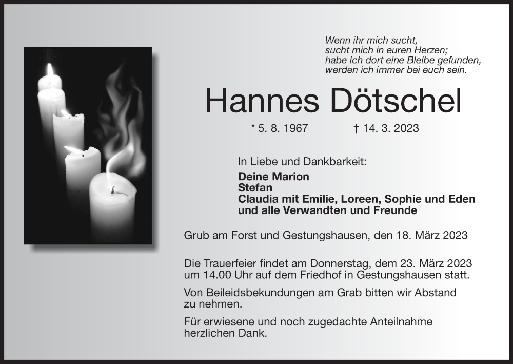  Traueranzeige für Hannes Dötschel vom 18.03.2023 aus MGO