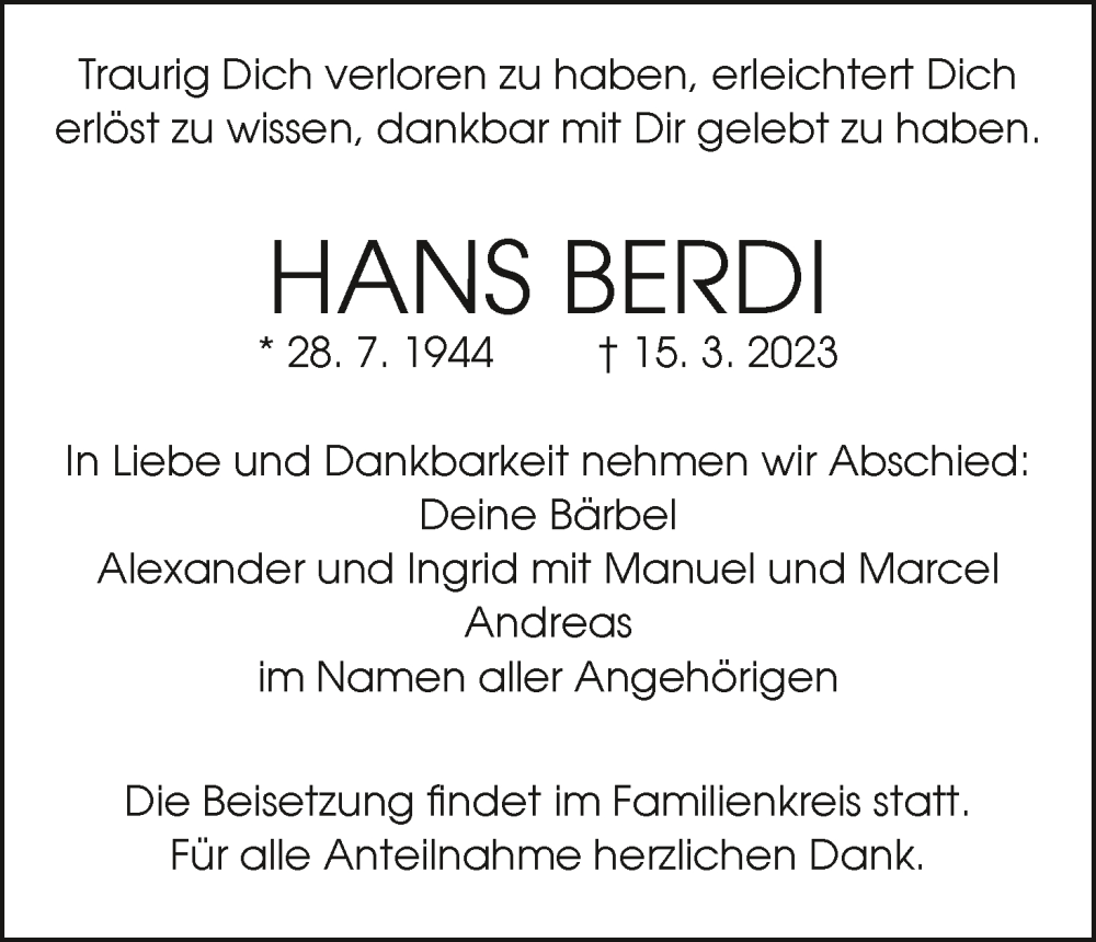  Traueranzeige für Hans Berdi vom 18.03.2023 aus MGO