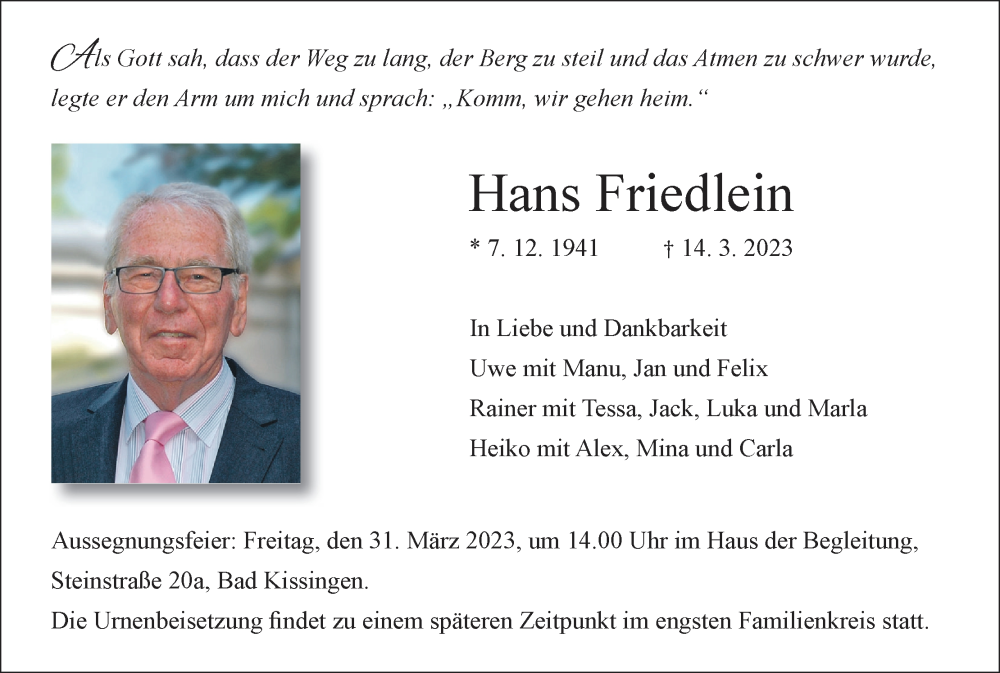  Traueranzeige für Hans Friedlein vom 18.03.2023 aus MGO