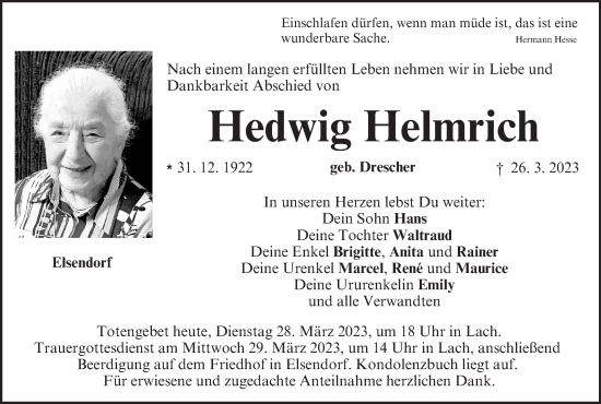 Anzeige von Hedwig Helmrich von MGO