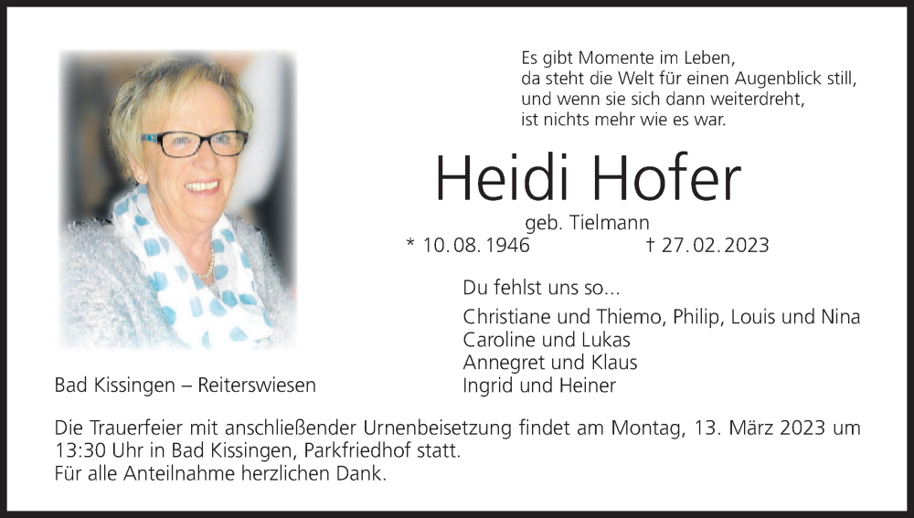  Traueranzeige für Heidi Hofer vom 09.03.2023 aus MGO