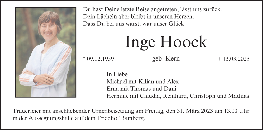  Traueranzeige für Inge Hoock vom 25.03.2023 aus MGO