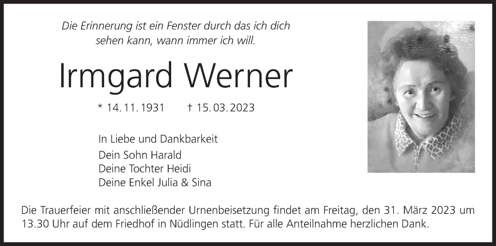  Traueranzeige für Irmgard Werner vom 18.03.2023 aus MGO