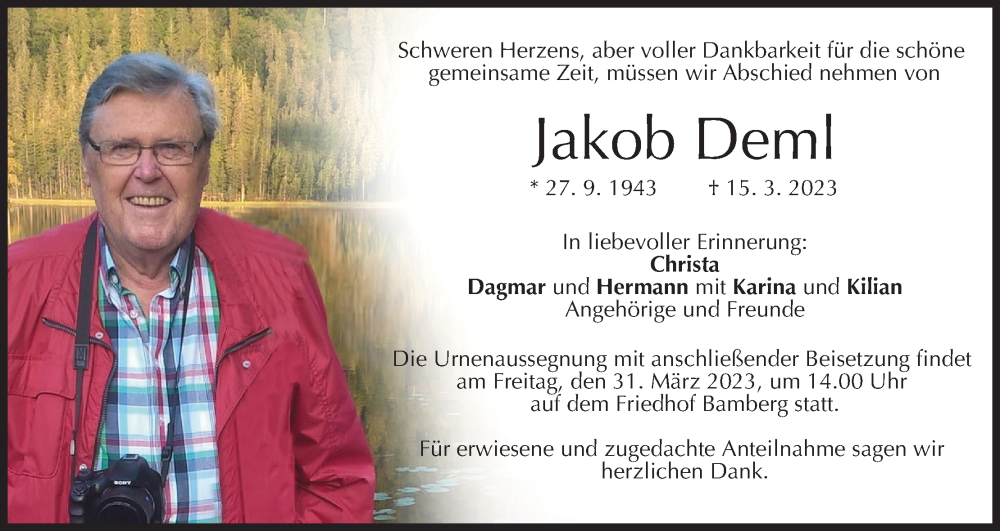  Traueranzeige für Jakob Deml vom 25.03.2023 aus MGO