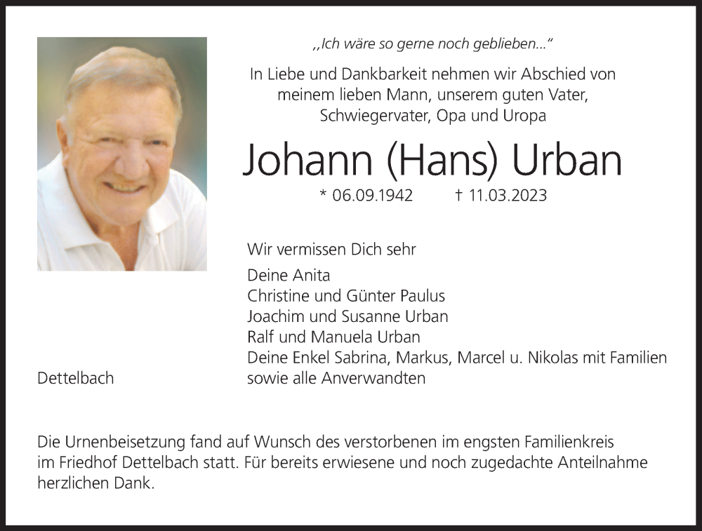  Traueranzeige für Johann Urban vom 25.03.2023 aus MGO