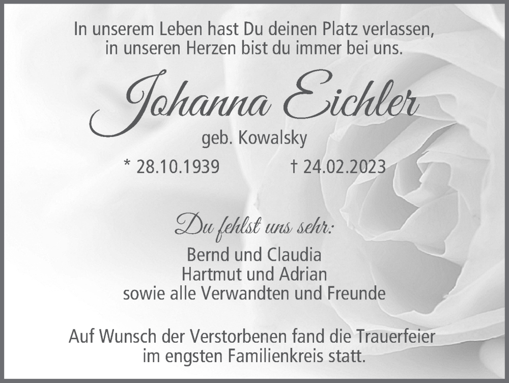  Traueranzeige für Johanna Eichler vom 11.03.2023 aus MGO