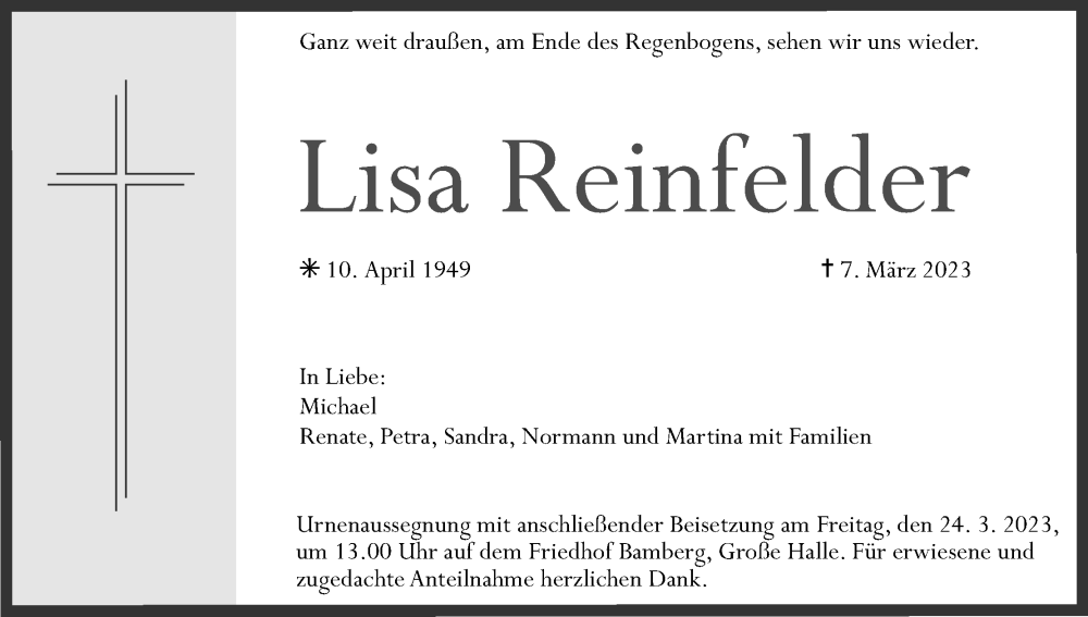  Traueranzeige für Lisa Reinfelder vom 18.03.2023 aus MGO