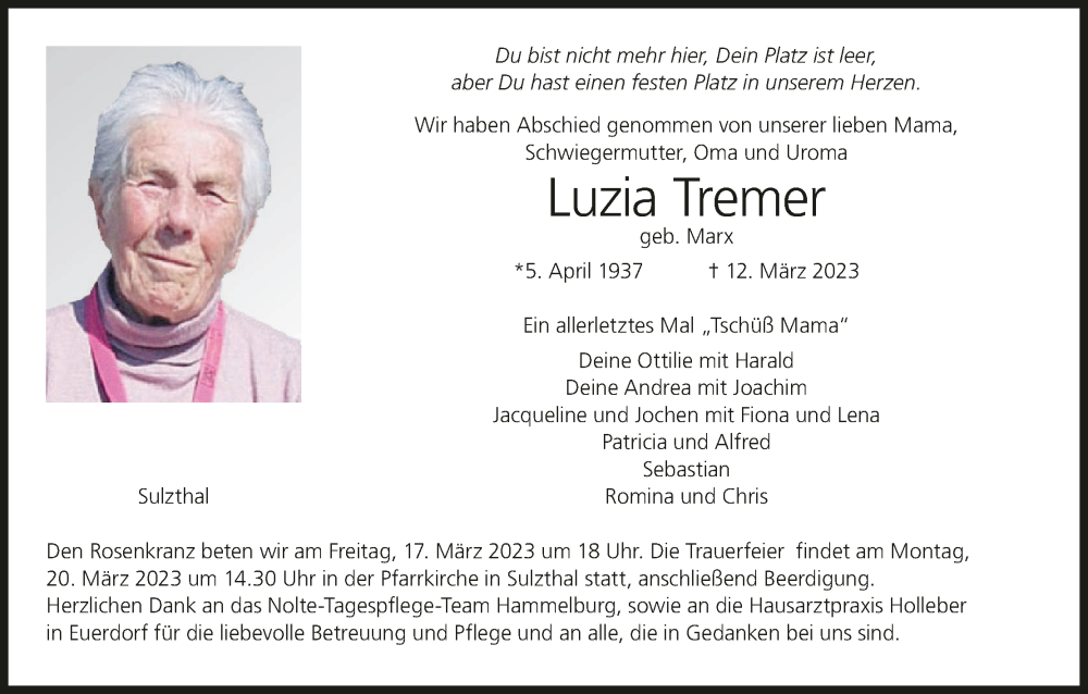  Traueranzeige für Luzia Tremer vom 17.03.2023 aus MGO