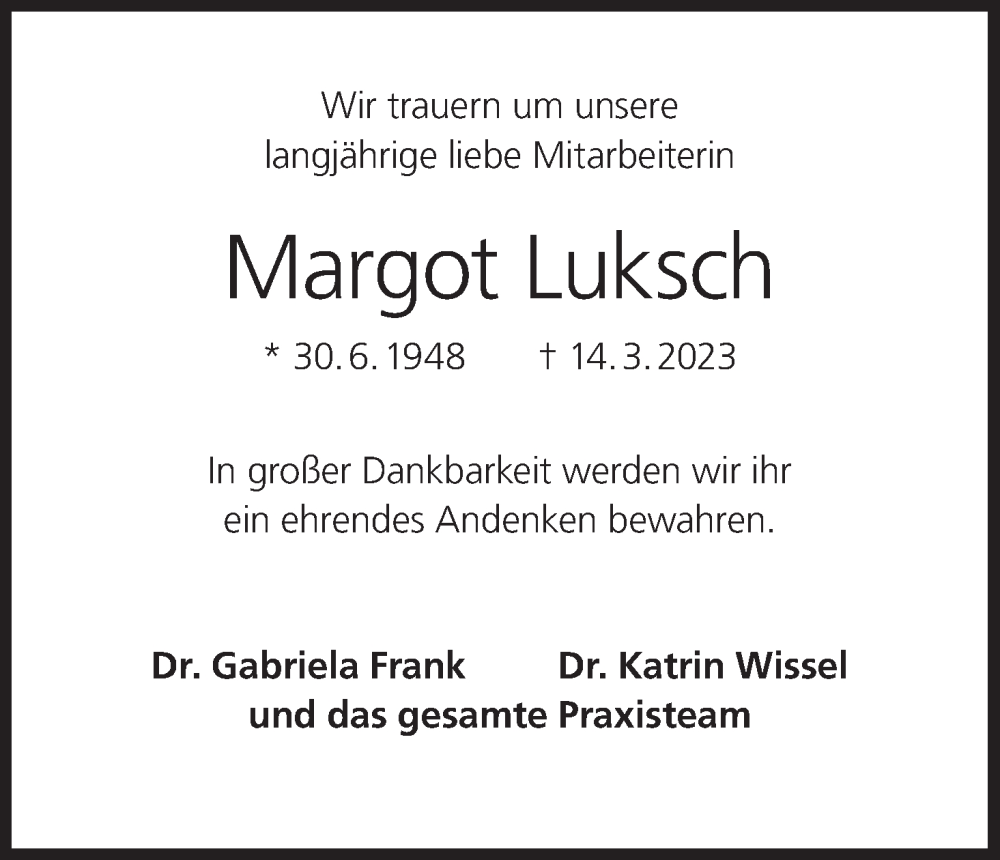  Traueranzeige für Margot Luksch vom 21.03.2023 aus MGO