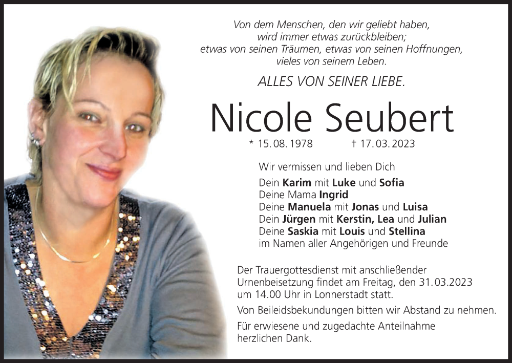  Traueranzeige für Nicole Seubert vom 28.03.2023 aus MGO