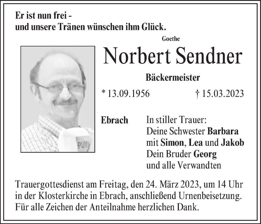  Traueranzeige für Norbert Sendner vom 18.03.2023 aus MGO