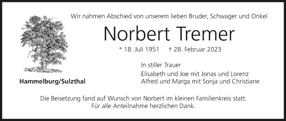  Traueranzeige für Norbert Tremer vom 18.03.2023 aus MGO