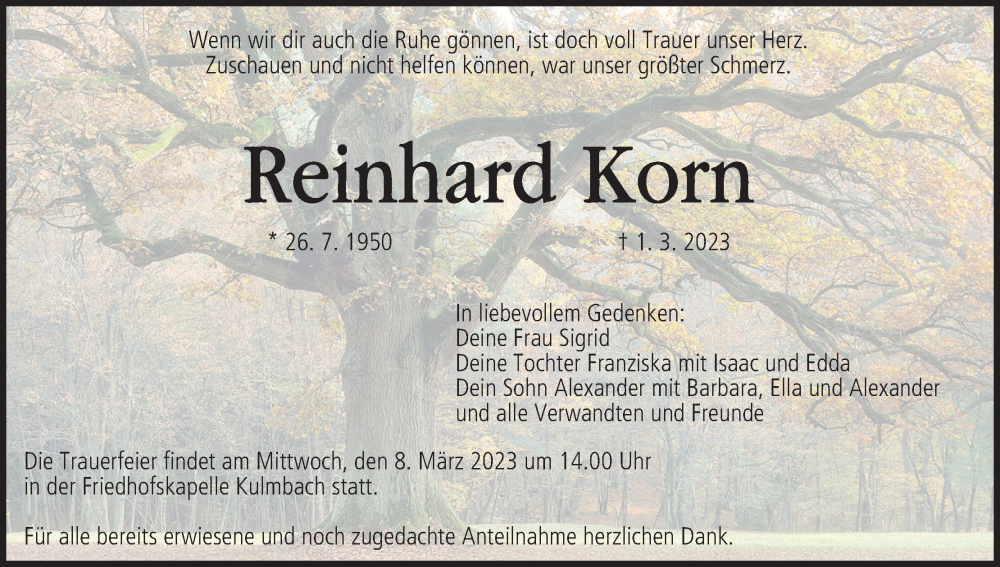  Traueranzeige für Reinhard Korn vom 04.03.2023 aus MGO