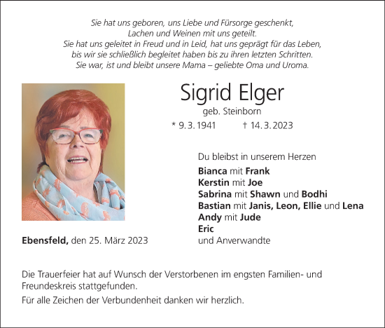 Sigrid Elger | Traueranzeige | trauer.inFranken.de