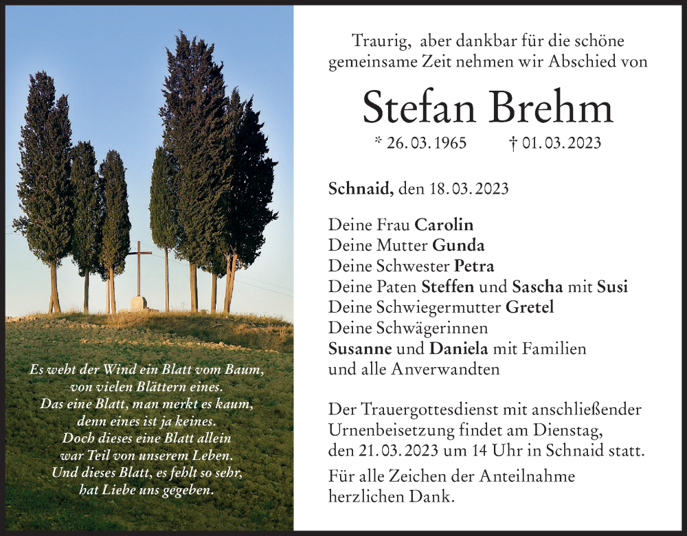  Traueranzeige für Stefan Brehm vom 18.03.2023 aus MGO