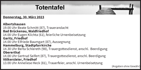 Anzeige von Totentafel vom 30.03.2023 von MGO