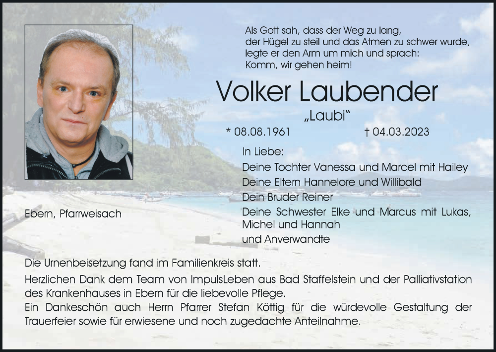  Traueranzeige für Volker Laubender vom 18.03.2023 aus MGO