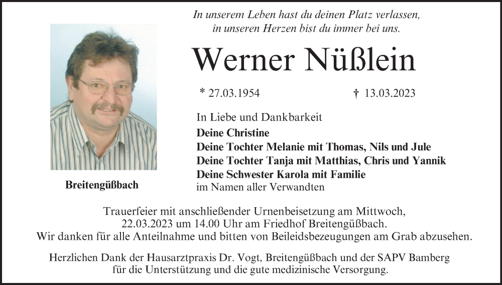  Traueranzeige für Werner Nüßlein vom 18.03.2023 aus MGO