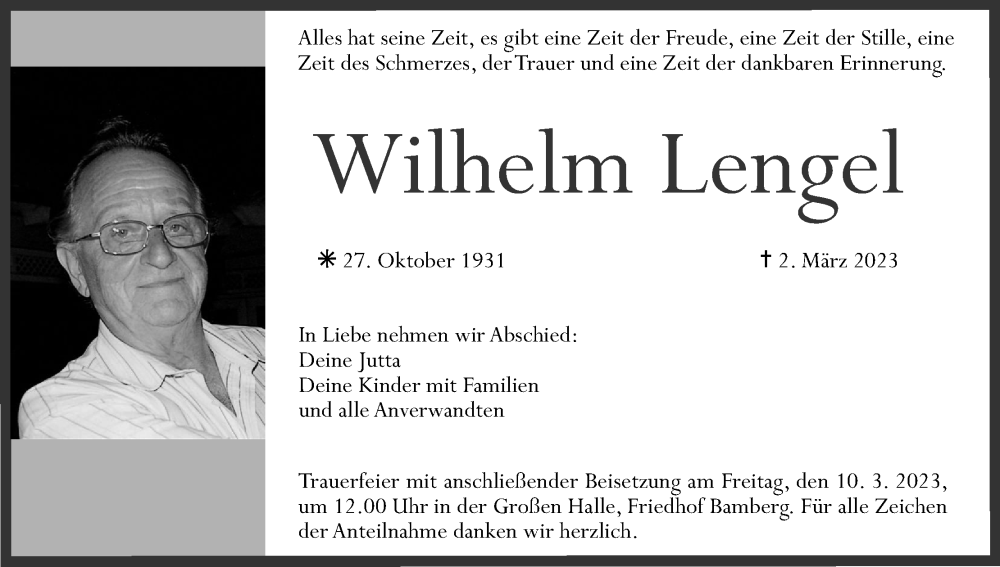  Traueranzeige für Wilhelm Lengel vom 04.03.2023 aus MGO