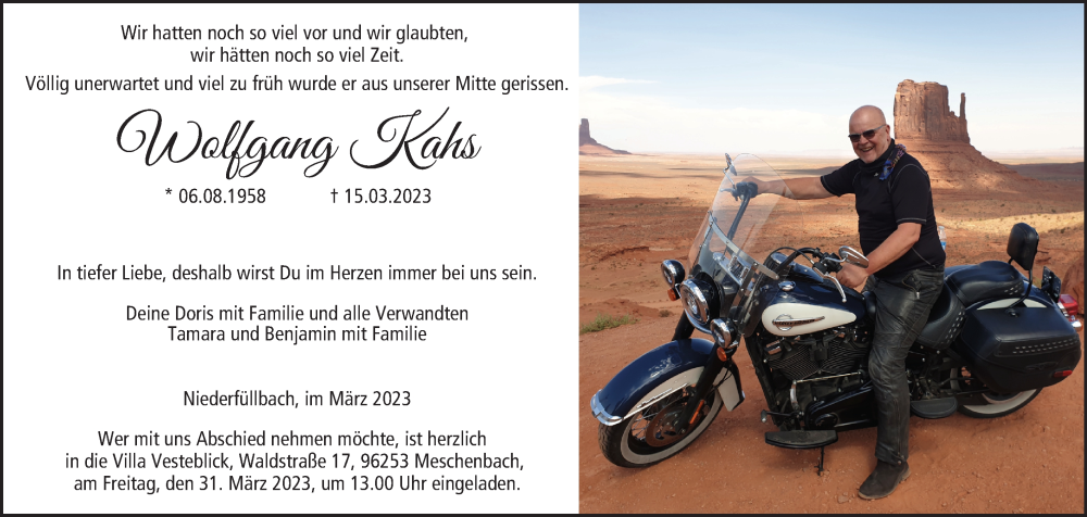  Traueranzeige für Wolfgang Kahs vom 18.03.2023 aus MGO