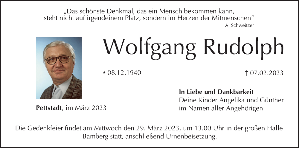  Traueranzeige für Wolfgang Rudolph vom 18.03.2023 aus MGO