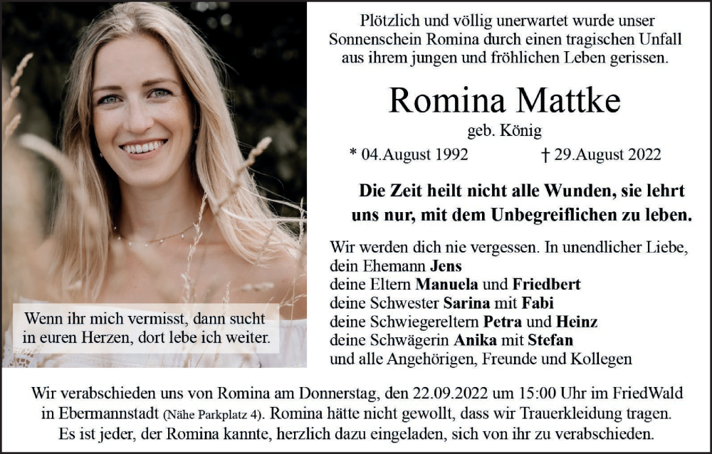  Traueranzeige für Romina Mattke vom 01.09.2022 aus mgo