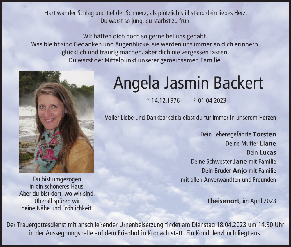 Angela Jasmin Backert | Traueranzeige | trauer.inFranken.de