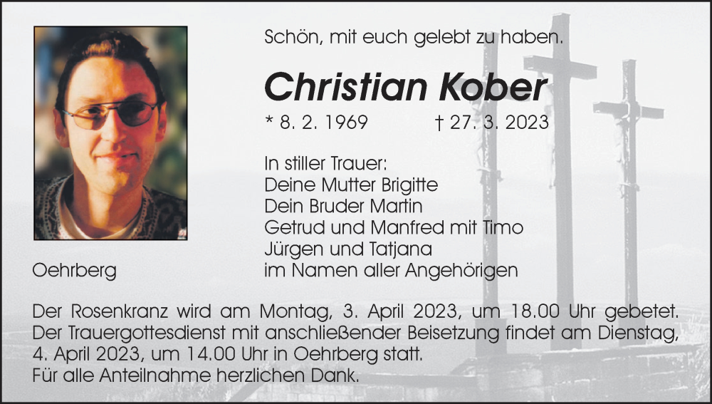  Traueranzeige für Christian Kober vom 01.04.2023 aus MGO