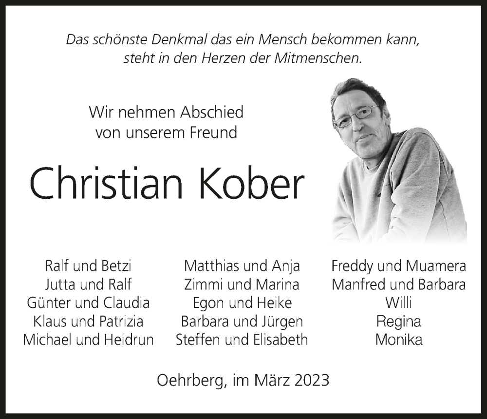  Traueranzeige für Christian Kober vom 01.04.2023 aus MGO