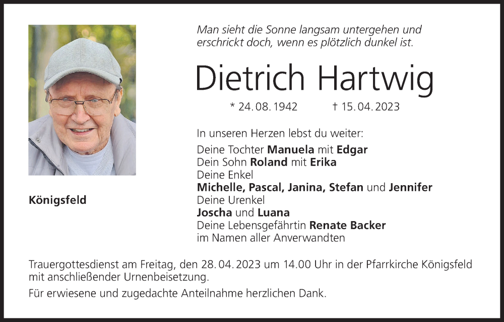  Traueranzeige für Dietrich Hartwig vom 22.04.2023 aus MGO