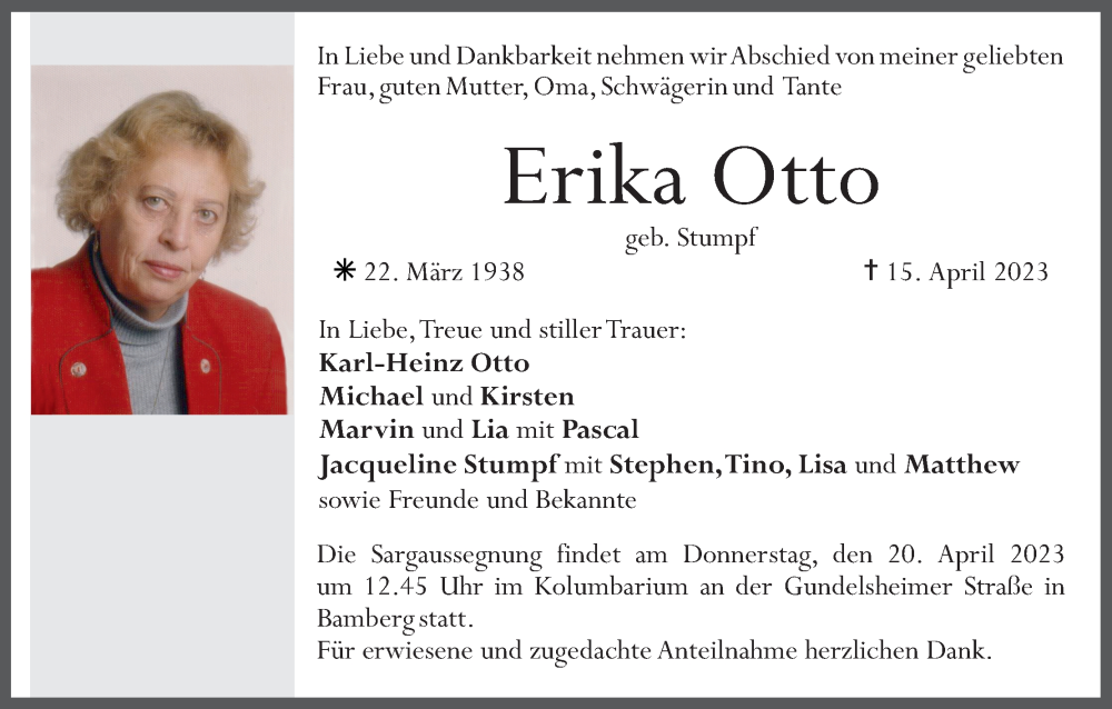  Traueranzeige für Erika Otto vom 18.04.2023 aus MGO