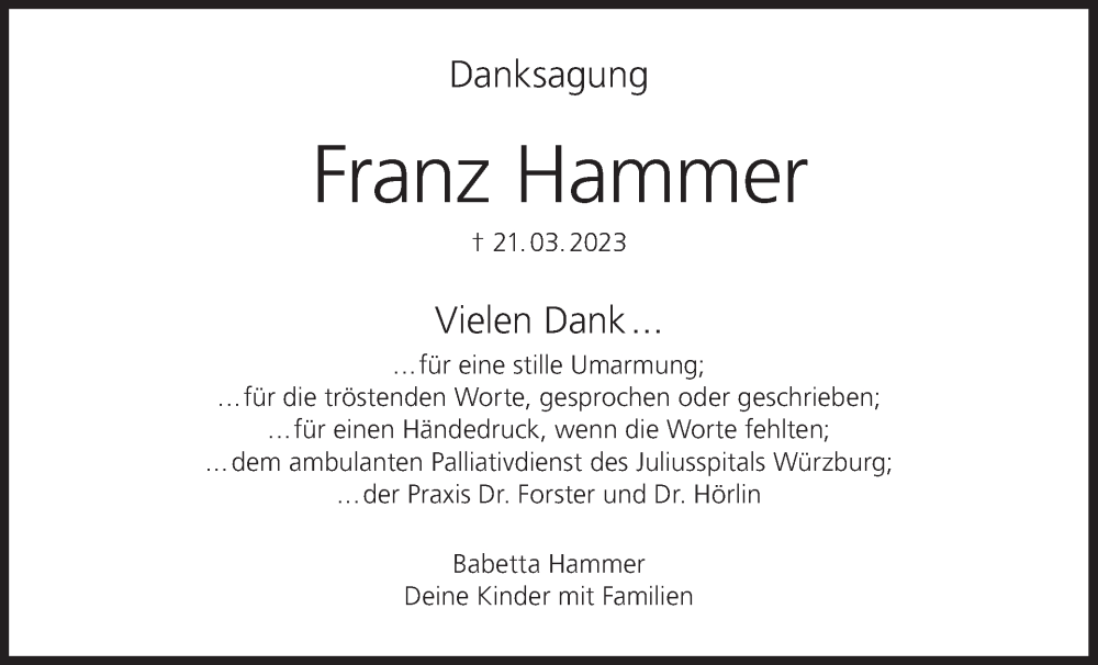  Traueranzeige für Franz Hammer vom 05.04.2023 aus MGO