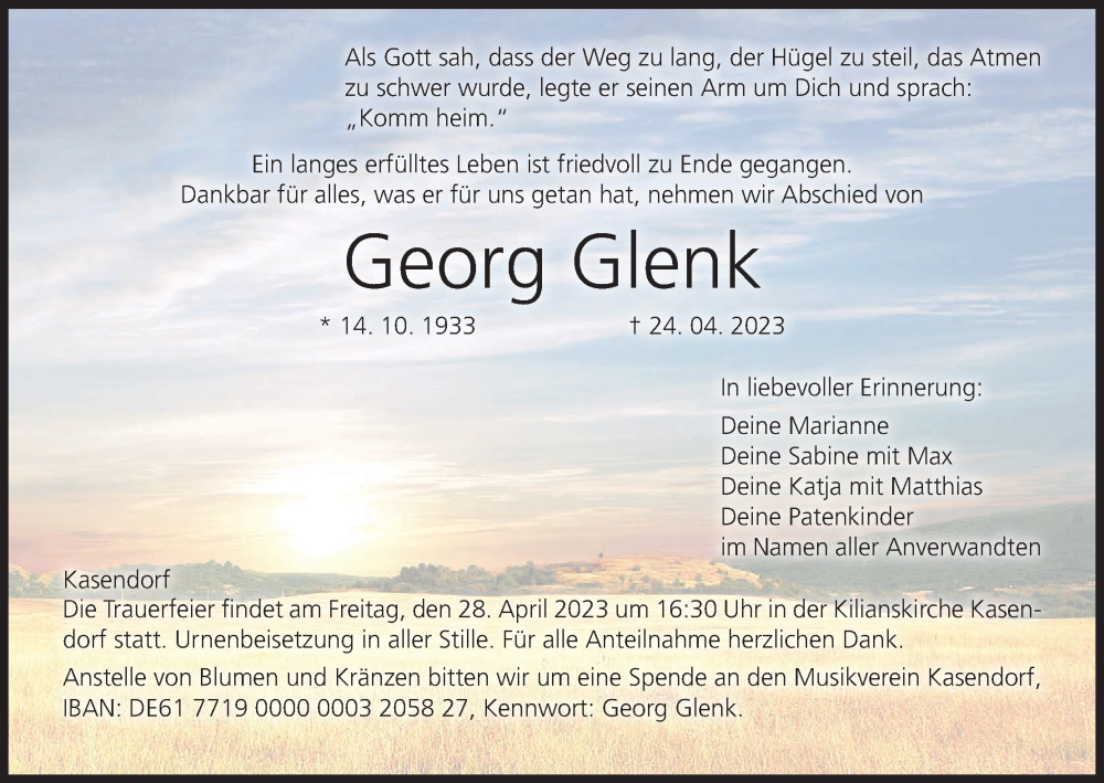  Traueranzeige für Georg Glenk vom 26.04.2023 aus MGO