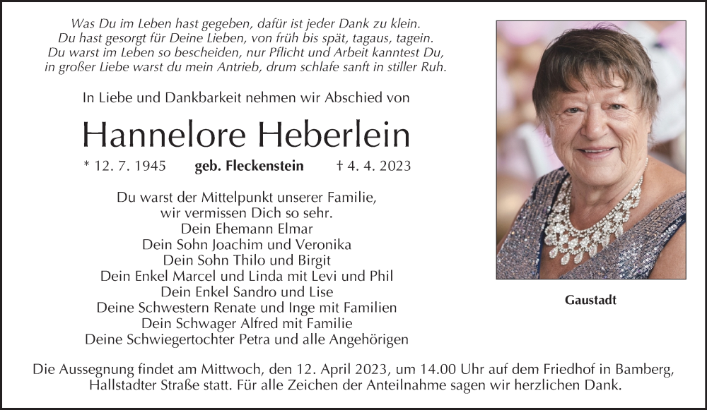  Traueranzeige für Hannelore Heberlein vom 08.04.2023 aus MGO