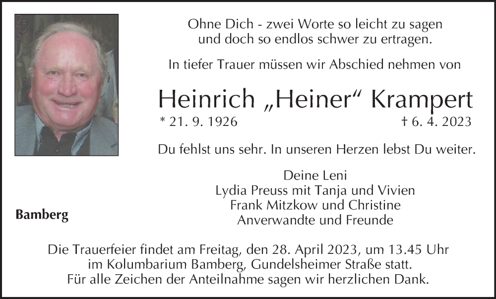  Traueranzeige für Heinrich Krampert vom 22.04.2023 aus MGO