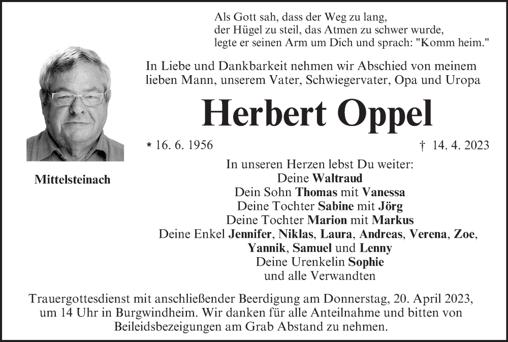  Traueranzeige für Herbert Oppel vom 18.04.2023 aus MGO