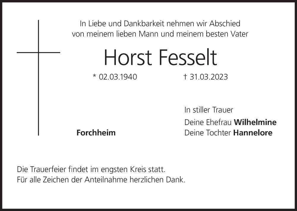  Traueranzeige für Horst Fesselt vom 08.04.2023 aus MGO