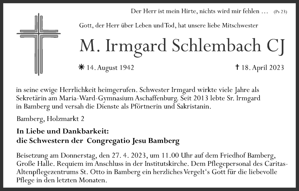  Traueranzeige für Irmgard Schlembach vom 22.04.2023 aus MGO