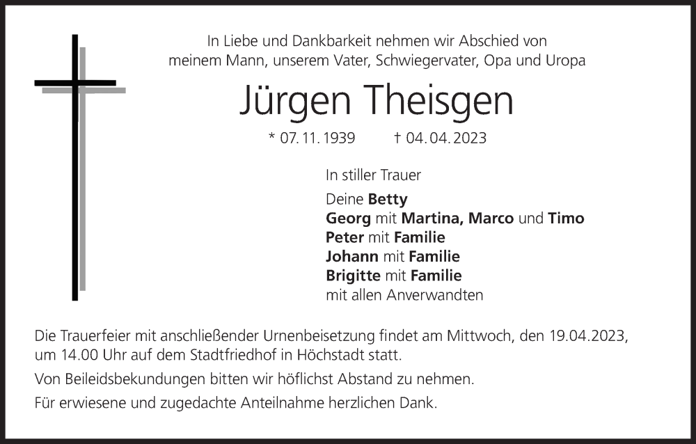  Traueranzeige für Jürgen Theisgen vom 15.04.2023 aus MGO