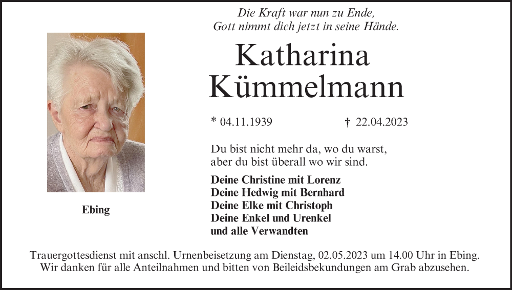  Traueranzeige für Katharina Kümmelmann vom 29.04.2023 aus MGO