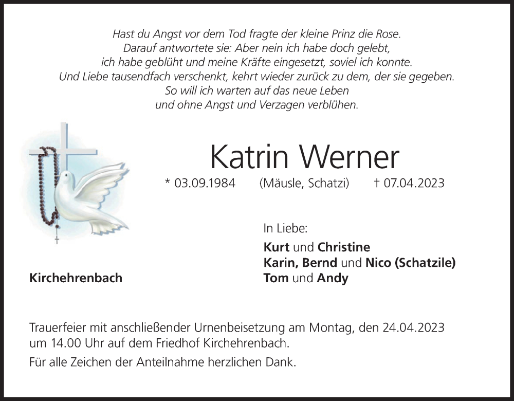  Traueranzeige für Katrin Werner vom 19.04.2023 aus MGO