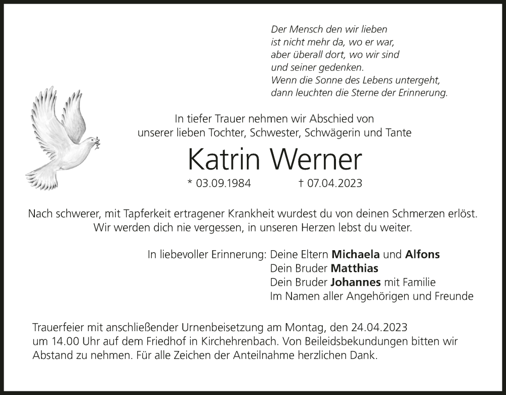  Traueranzeige für Katrin Werner vom 19.04.2023 aus MGO