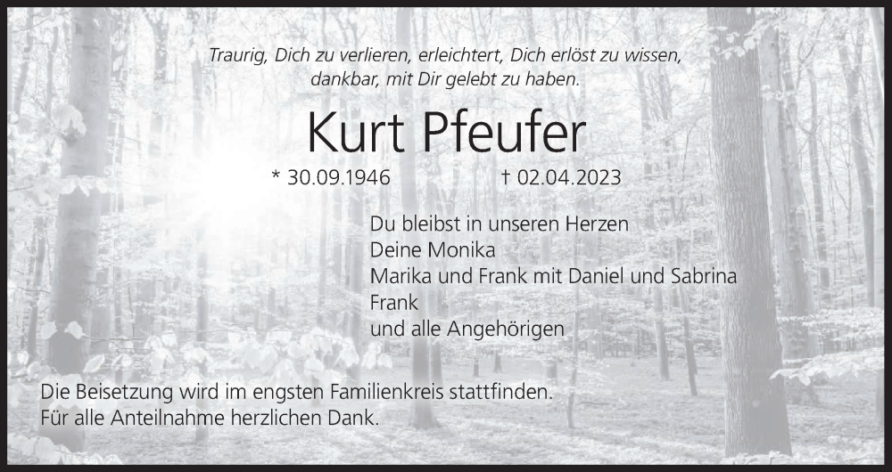  Traueranzeige für Kurt Pfeufer vom 08.04.2023 aus MGO