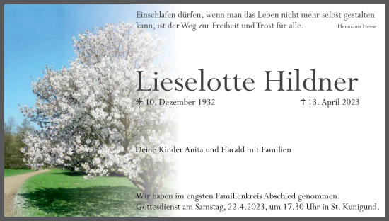 Anzeige von Lieselotte Hildner von MGO