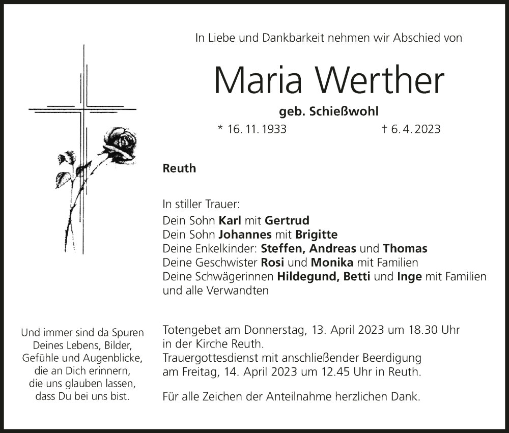  Traueranzeige für Maria Werther vom 08.04.2023 aus MGO