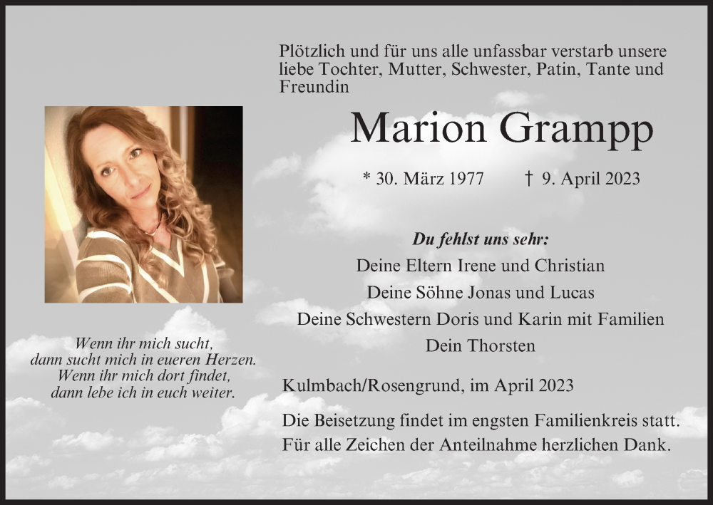  Traueranzeige für Marion Grampp vom 15.04.2023 aus MGO