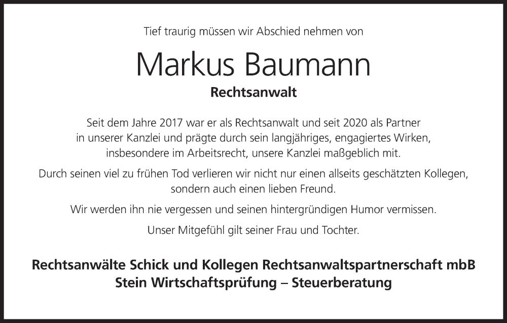  Traueranzeige für Markus Baumann vom 01.04.2023 aus MGO