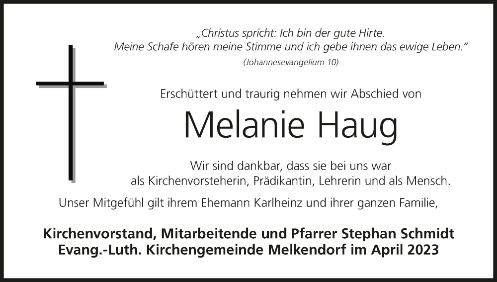  Traueranzeige für Melanie Haug vom 29.04.2023 aus MGO