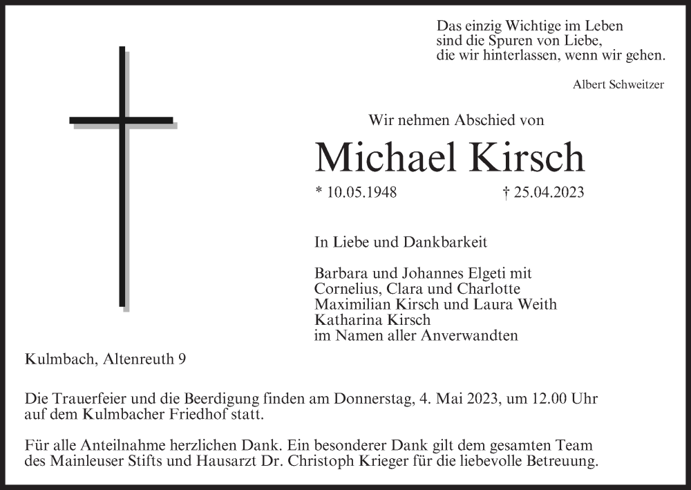  Traueranzeige für Michael Kirsch vom 29.04.2023 aus MGO