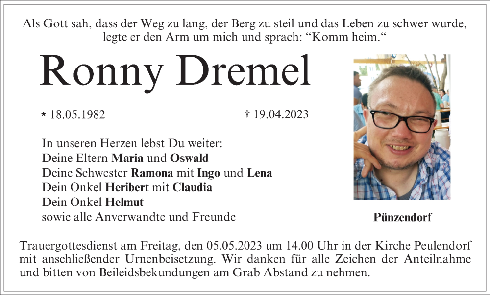 Ronny Dremel | Traueranzeige | trauer.inFranken.de